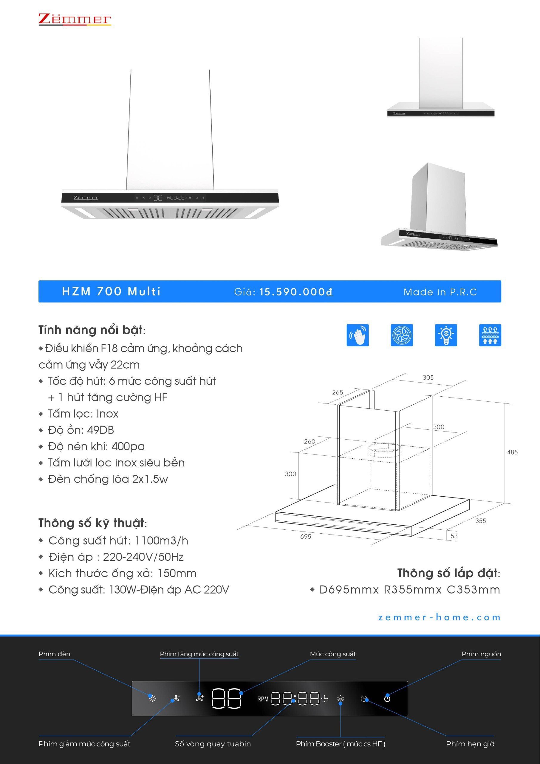 Hút mùi zemmer chữ T HZM 700 Multi