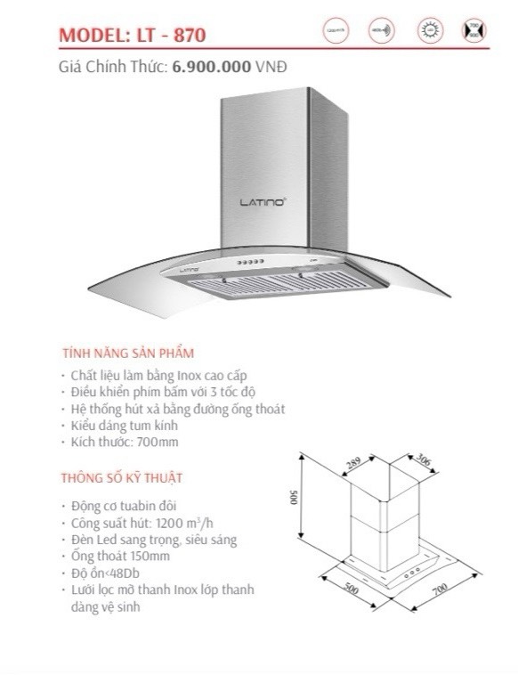 Máy hút mùi kính cong Latino LT-870
