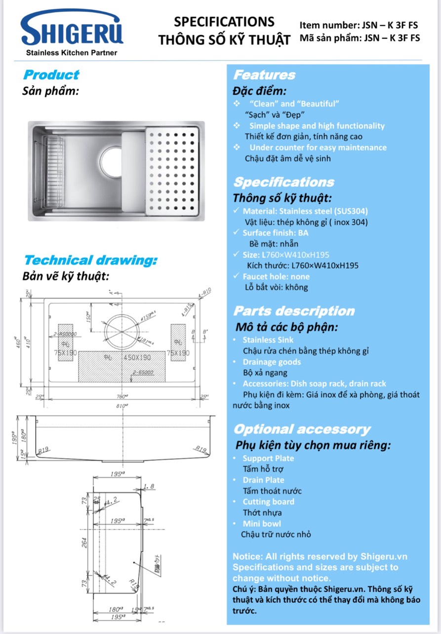 Chậu rửa bát Shigeru LE JSM – K 3F FS