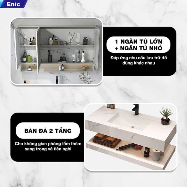 Bộ tủ gương lavabo phòng tắm 2 tầng cao cấp Enic 2T 50cm – 100cm