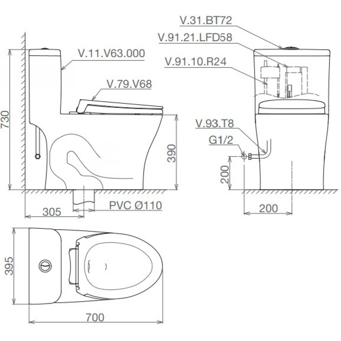 Bồn Cầu Viglacera V63 Nắp Êm V687 Tặng Vòi Xịt VG826