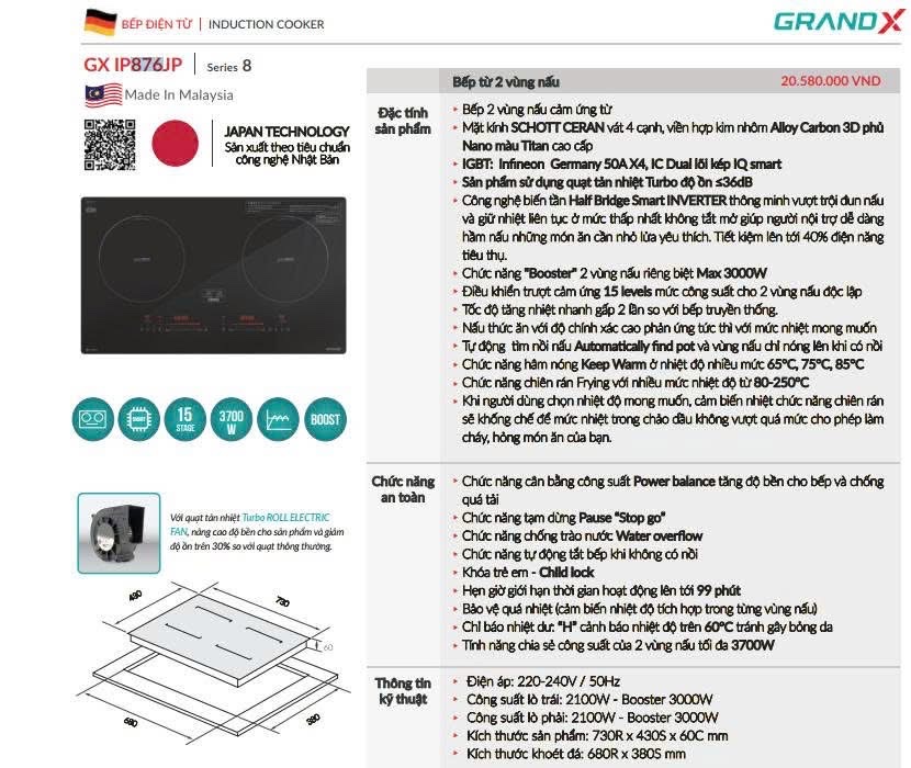 BẾP TỪ ĐÔI GRANDX GX IP876JP