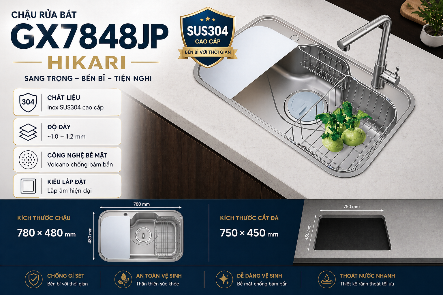 CHẬU RỬA BÁT 1 HỐ GX7848JP