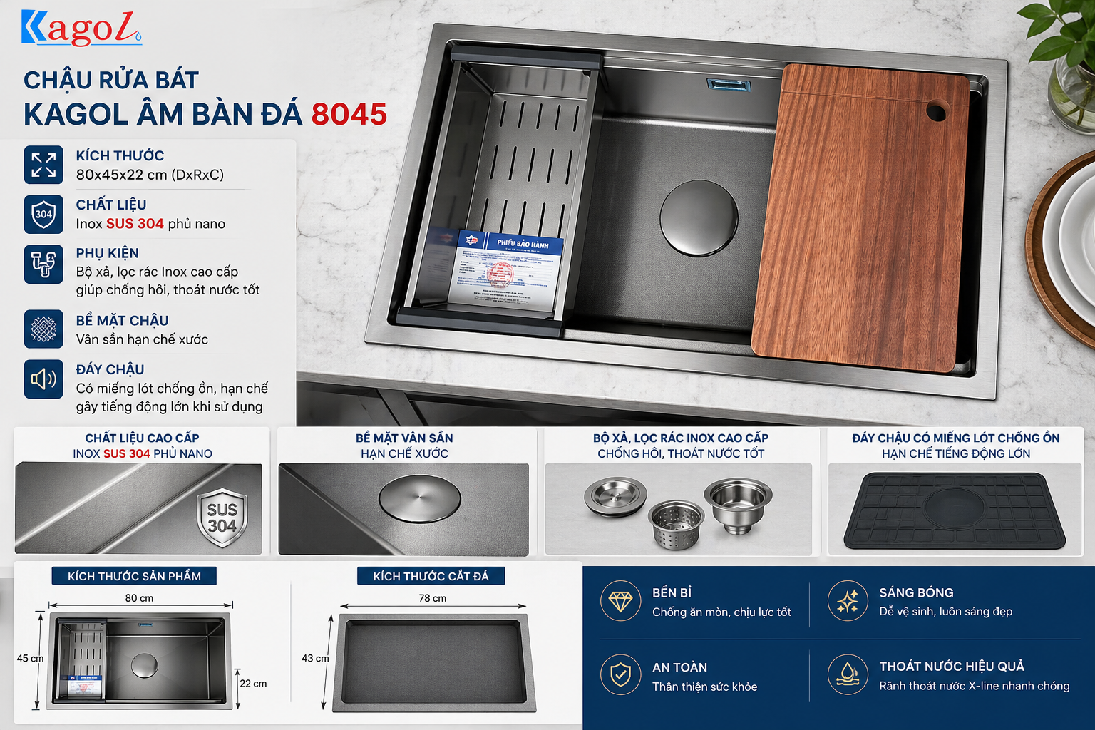 Chậu rửa bát Kagol âm bàn đá 8045