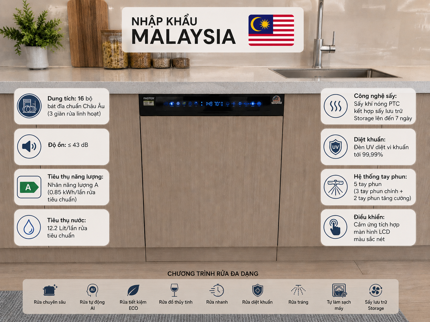 Máy rửa bát bán âm Faster FDW8016BS