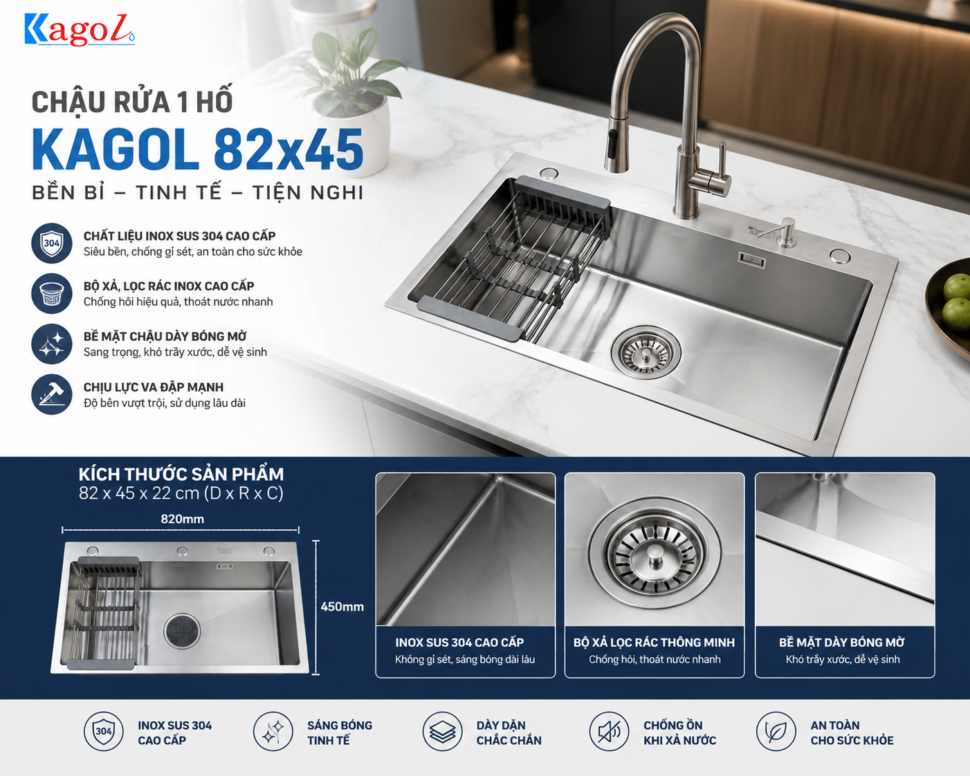 Chậu rửa bát Kagol 1 hố 82×45