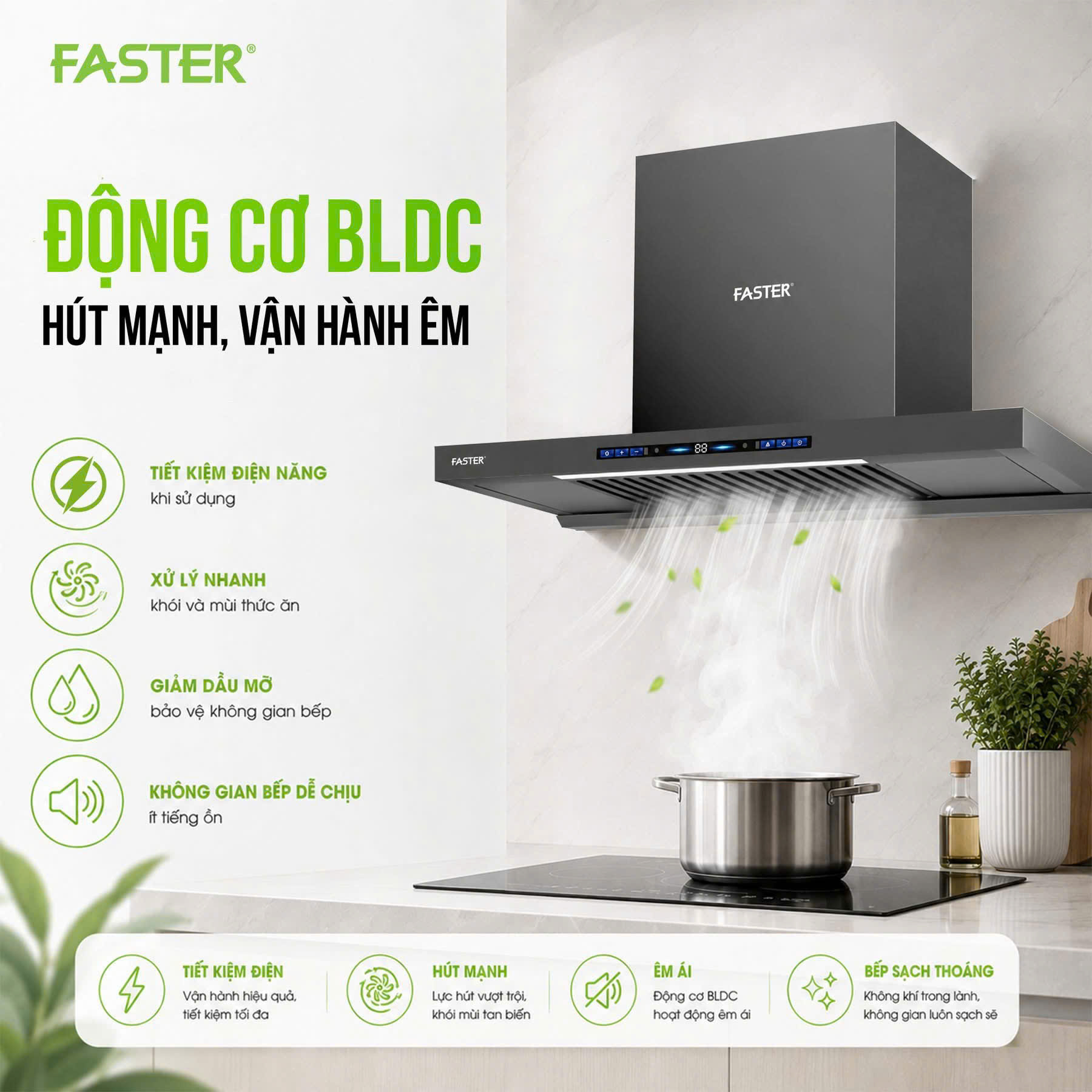 Máy hút mùi chữ T Faster sử dụng động cơ BLDC